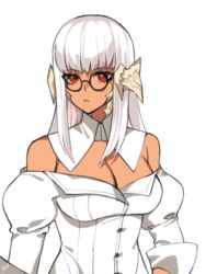 au_ra cleavage dark-skinned_female dark_skin drip female female_focus female_only final_fantasy final_fantasy_xiv glasses horns lilycious looking_at_viewer looking_to_the_side loose_clothes oc raen red_eyes round_glasses scales tagme two_tone_hair white_background white_clothing white_hair white_shirt