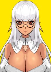 au_ra bangs cleavage dark-skinned_female dark_skin female female_focus female_only final_fantasy final_fantasy_xiv glasses horns large_breasts lilycious looking_at_viewer looking_to_the_side loose_clothes oc raen red_eyes round_glasses scales tagme two_tone_hair white_background white_clothing white_hair white_shirt