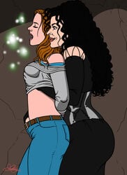 2girls artist_name ass background bellatrix_lestrange belt black_clothing black_corset black_dress black_eyes black_hair blue_clothing breast_grab breasts brown_background brown_hair closed_eyes clothed corset dress duo eyebrows eyes fantasy female female_only fingering fingering_from_behind fingering_partner from_behind grey_clothing grey_shirt groping groping_breasts groping_from_behind gryffindor hand_in_another's_pants hand_in_pants happy harry_potter hermione_granger hogwarts_student human human_only jeans kaywest light-skinned_female light_particles light_skin lipstick magic open_eyes open_mouth pants parted_lips pink_lipstick schoolgirl shirt shirt_lift shirt_up side_view slytherin small_breasts smile standing teeth teeth_clenched wavy_hair witch yellow_teeth yuri