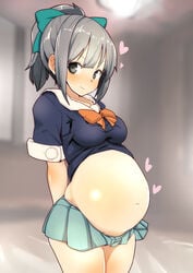 arms_behind_back bangs blush female female_only grey_eyes grey_hair hairbow huge_belly kantai_collection looking_at_viewer matetsu_(nakayoshi_sanfujinka) pleated_skirt ponytail pregnant ready_to_pop shirt_up short_sleeves smile solo uniform yuubari_(kantai_collection)