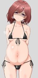 amadare areola_slip arms_behind_back ass_visible_through_thighs bikini black_bikini brown_hair clavicle dark_nipples eyebrows_visible_through_hair female female_only hairclip higuchi_madoka idolmaster idolmaster_shiny_colors linea_nigra mole_under_eye pregnant purple_eyes red_hair short_hair side-tie_bikini small_breasts solo steamy_breath visible_breath wide_hips