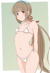 amadare arms_behind_back bangs blush brown_eyes brown_hair female female_only hair_ribbon hairbow idolmaster idolmaster_cinderella_girls long_hair looking_at_viewer micro_bikini nipple_bulge ponytail side-tie_bikini sidelocks small_breasts smile solo very_long_hair white_bikini yorita_yoshino