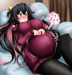 anago_nia big_breasts black_hair black_legwear blush female female_only fetal_movement fully_clothed hands_on_belly huge_belly kantai_collection long_hair naganami_(kantai_collection) on_back on_bed pink_highlights pregnant ready_to_pop smile sweatdrop sweater sweater_pull two_tone_hair yellow_eyes