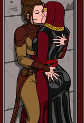 2017 2girls against_wall artist_name ass ass_grab bastila_shan belt black_clothing breasts brown_clothing brown_hair closed_eyes clothed clothing consensual dress duo female female_only groping hugging human human_only jedi kaywest kiss knights_of_the_old_republic knights_of_the_old_republic_2 light-skinned_female light_skin long_hair medium_breasts nail_polish nails pants red_clothing sith standing star_wars star_wars_legends tied_hair vambraces veil visas_marr yuri