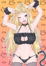 1girls bell_collar big_breasts black_bra black_panties blonde blonde_hair blue_eyes blush bra breasts cat_girl cat_outfit cat_tail catgirl cleavage collar curvy curvy_body curvy_female curvy_figure dosanko_gal_wa_namara_menkoi female female_only gyaru ikada_kai lingerie minami_fuyuki panties purple_eyes shounen_jump+ solo stockings teasing tongue tongue_out white_skin wink winking winking_at_viewer yellow_hair