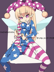 1girls bigger_female cameltoe clownpiece female l_buffer macro malesub penis shared_clothes sharing_clothes tight_clothing touhou under_clothes