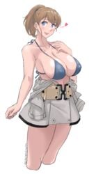 bangs belt big_breasts bikini_top blue_bikini blue_eyes blush brown_hair cleavage clothes_removed female female_only huge_breasts intrepid_(kantai_collection) kantai_collection light-skinned_female looking_at_viewer nipple_bulge ponytail shirt_down smile solo sozan