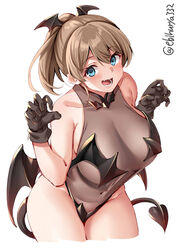 bangs big_breasts black_gloves blue_eyes blush cute_fang demon_girl demon_tail demon_wings ebifurya female female_only gloves hair_ornament intrepid_(kantai_collection) kantai_collection leotard light_brown_hair looking_at_viewer navel open_mouth ponytail see-through_clothing sleeveless solo thighhighs