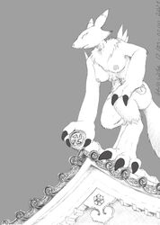 2021 3_fingers 3_toes anthro asthexiancal bandai_namco breasts building canid digimon digimon_(species) feet female fingers fur greyscale hi_res mammal monochrome neck_tuft nipples nude outside renamon solo toes tuft