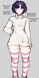 1futa blue_eyes blush bulge choker cleavage cleavage_cutout futa_focus futanari grey_background nelewdy nelody original penis penis_bulge purple_hair short_hair small_breasts solo standing stockings sweater text thick_thighs thighhighs thighs