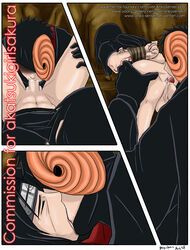 2boys akatsuki_(naruto) anal anal_sex anko-sensei black_hair blowjob clothed_sex duo duo_focus fellatio gay kissing licking_ass mask mask_on_head multiple_boys naruto naruto_(series) naruto_shippuden oral rimming split_screen tobi uchiha_itachi uchiha_obito yaoi