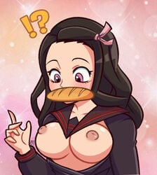 1girls areolae baguette big_breasts blush bread breasts breasts_out demon_slayer female kamado_nezuko kimetsu_no_yaiba long_hair nipples pink_eyes school_uniform semidraws solo the_almighty_baguette two_tone_hair upper_body