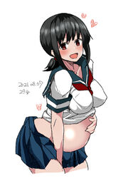 black_hair blush female female_only fubuki_(kantai_collection) hand_on_belly kantai_collection matetsu_(nakayoshi_sanfujinka) naval_uniform nipple_bulge open_mouth pleated_skirt ponytail pregnant red_eyes serafuku shirt_up short_sleeves smile solo