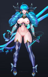 ass_visible_through_thighs asymmetrical_legwear badcompzero blue_hair blue_lingerie blue_tattoo cleavage curvy drill_hair gloves glowing_tattoo gwen_(league_of_legends) large_breasts league_of_legends looking_at_viewer needle nipples pubic_tattoo pussy revealing_clothes scissor_blade thigh_gap thighhighs twin_drills twintails unusual_pupils weapon