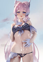 1girls ak4ci belly belly_button bikini blush breasts cum cum_on_belly ejaculation female genshin_impact heart-shaped_pupils hi_res looking_at_viewer male_pov naughty_face navel pink_hair sangonomiya_kokomi swimsuit tongue tongue_out