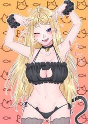 1girls bell_collar big_breasts black_bra black_panties blonde_hair blue_eyes bra breasts cat_girl cat_outfit cat_tail catgirl cleavage collar curvy curvy_body curvy_female curvy_figure dosanko_gal_wa_namara_menkoi female female_focus female_only gyaru ikada_kai japanese_text lingerie minami_fuyuki panties purple_eyes shounen_jump+ stockings teasing text tongue_out white_skin wink winking winking_at_viewer yellow_hair