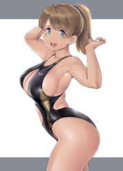 ass bangs big_ass big_breasts black_swimsuit blue_eyes cleavage cleavage_cutout female female_only highleg_swimsuit intrepid_(kantai_collection) kantai_collection light_brown_hair looking_at_viewer one-piece_swimsuit ponytail profile sideboob smile solo swimsuit