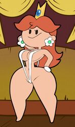 1girls angstrom bikini black_eyes breasts brown_hair cleavage crown cute female_focus female_only huge_breasts mario_(series) nintendo nub_feet orange_hair princess_daisy sling_bikini smile smiling style_parody terminalmontage thick_thighs thighs wide_hips