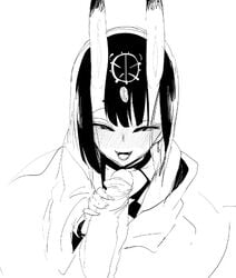 black_hair blush chimosaku fangs fate/grand_order fate_(series) horns looking_at_viewer monochrome open_mouth oral pov shuten_douji_(fate) sketch