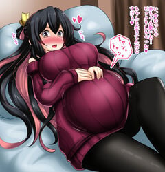 anago_nia big_breasts black_hair black_legwear blush cute_fang dialogue female female_only fetal_movement fully_clothed hands_on_belly huge_belly japanese_text kantai_collection long_hair looking_at_viewer naganami_(kantai_collection) on_back on_bed pink_highlights pregnant ready_to_pop smile sweatdrop sweater sweater_pull text translated two_tone_hair yellow_eyes