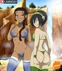 2girls alternate_breast_size ass ass_support avatar_the_last_airbender big_breasts bikini blind blue_eyes bubble_butt chocolate_and_vanilla dark-skinned_female dark_skin earth_kingdom female_only katara landidzu large_breasts looking_at_viewer nickelodeon short_black_hair stockings swimsuit thighhighs toph_bei_fong water_tribe waterfall