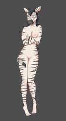 2021 5_fingers 5_toes anthro beastars black_hair black_stripes breasts cleft_of_venus crossed_arms digital_media_(artwork) ellen_(beastars) equid equine feet female fingers fur genitals hair hi_res humanoid_feet humanoid_hands long_hair looking_down mammal navel nipples nude pussy smile solo standing striped_body striped_fur stripes toes tommysamash white_body white_fur zebra