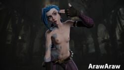 2021 3d 3d_(artwork) arawaraw athletic_female belt blender blue_eyes blue_hair casual female fortnite fortnite:_battle_royale gloves handwear human jinx_(league_of_legends) league_of_legends league_of_legends:_wild_rift naked powder_(arcane) public riot_games skinny stomach zaun_(city)