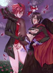 1boy adam_taurus ambiguous_penetration big_penis black_hair blush boots gloves knee_boots laced_boots medium_breasts moon night pantyhose red_hair rose_(flower) ruby_rose rwby skirt skirt_up tabletknight tagme torn_clothes vaginal_penetration