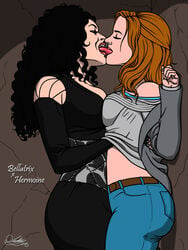 2girls against_wall artist_name ass background bellatrix_lestrange belt big_breasts black_clothing black_corset black_dress black_eyes black_hair black_nails blue_clothing breast_grab breasts brown_background brown_hair closed_eyes clothed corset dress duo eyebrows eyes fantasy female female_only french_kiss grey_clothing grey_shirt groping groping_breasts gryffindor half-closed_eyes hand_under_shirt harry_potter hermione_granger hogwarts_student human human_only jeans kaywest kissing lesbian_kiss light-skinned_female light_skin lipstick long_nails mature_female nail_polish older_woman_and_teenage_girl open_eyes open_mouth pants parted_lips pink_lipstick schoolgirl sharp_teeth shirt shirt_lift shirt_up side_view slytherin small_breasts smile standing sucking_tongue teeth teeth_clenched text tongue tongue_out wavy_hair witch yuri