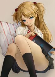 1girls asuka_langley_sohryu blonde_hair blush female female_only imminent_gaming light-skinned_female looking_at_viewer neon_genesis_evangelion nintendo nintendo_switch sasasa_(pixiv1790125) school_uniform upskirt