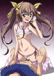 artist_request bar_censor blush breasts brown_hair censored chinese_girl cowgirl_position faceless_male green_eyes huang_lingyin infinite_stratos nipples open_mouth orimura_ichika panties_aside pussy riding sex shirt_lift small_breasts tagme thighhighs thong thong_aside vaginal_penetration