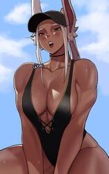 1girls baseball_cap big_breasts breasts cleavage dark-skinned_female dark_skin eye_contact female fully_clothed gud0c hat long_hair looking_at_viewer miruko muscular_female my_hero_academia one-piece_swimsuit red_eyes rumi_usagiyama solo sweat swimsuit thick_thighs thighs toned_female upper_body white_hair