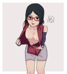 1girls 2020s 2021 aldwelter bent_over black_eyes black_hair blush boruto:_naruto_next_generations clothed_female clothing compression_shorts digital_art ecstasy eyewear female female_only front_view glasses grey_bottomwear heroine human leaning_forward light-skinned_female light_skin manga metahuman naruto naruto_(series) no_bra open_clothes open_shirt presenting presenting_breasts raised_eyebrow red-framed_glasses sarada_uchiha shinobi_girl shiny_skin short_hair shorts showing_breasts simple_background sleeveless sleeveless_shirt small_breasts smile solo solo_female solo_focus standing sticking_out_tongue sweat sweatdrop sweaty sweaty_breasts sweaty_face sweaty_legs teasing teasing_viewer tomboy tongue tongue_out undressed undressing unzipped