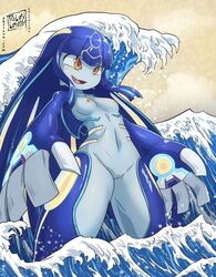 anthro blue_hair blue_skin breasts kyogre legendary_pokémon nintendo nipples pokémon_(species) pokemon pussy rilex_lenov yellow_eyes yellow_nipples