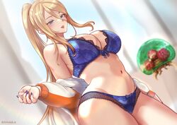 1girls big_breasts blonde_hair blue_bra blue_eyes blue_lingerie blue_panties bow_bra bow_panties bra breasts cleavage female female_only jacket jacket_partially_removed lace_bra lace_lingerie lace_panties large_breasts lingerie looking_at_viewer metroid metroid_(creature) midriff mole mole_under_mouth navel nintendo painted_fingernails panties ponytail samus_aran solo tinnies