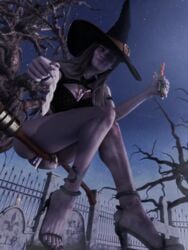 1girls 3d black_nails blonde_hair blue_eyes candy cleavage feet female female_only halloween halloween_costume heels high_heels long_hair nails nixee3d resident_evil resident_evil_8:_village rosemary_winters solo thighs witch witch_hat