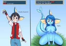 2021 anthro before_and_after black_hair blue_body blue_hair blush breast_growth breasts eeveelution english_text evolution evolution_stone eye_color_change female gameplay_mechanics gender_transformation grass grey_eyes growth hair hair_growth human human_to_anthro human_to_pokemon instant_loss_2koma kneeling looking_at_viewer loss_of_speech male male_to_female mammal mtf_transformation nintendo nipples plant pokémon_(species) pokemon pokemon_(species) pokemon_tf purple_eyes red_(pokemon) simple_background smile solo species_transformation tail_growth text transformation vaporeon video_games water_stone zorym