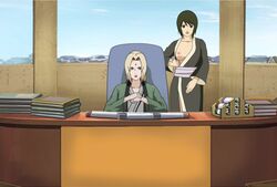 2girls black_eyes black_hair blonde_hair breasts brown_eyes chair clothed_female clothing clothing_pull desk female female_only haori hokage hokage_office indoors kimono kimono_pull looking_at_viewer mature mature_female multiple_girls naruto naruto_(series) naruto_shippuden nipples no_bra office older_female one_breast_out open_mouth presenting presenting_breasts rantuahelax shizune sitting standing teacher_and_student tsunade younger_female