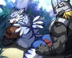 2boys absurd_res anal anal_sex armor ass ass_up bandai_namco big_muscles blackwargreymon blue_underwear clothing digimon digimon_(species) drks duo erection fur gay genitals hair hand_on_butt hi_res looking_pleasured male male/male male_only muscular partially_clothed penetration penile penile_penetration penis penis_in_ass penis_on_ass smile tongue tongue_out topwear underwear wargreymon weregarurumon yaoi