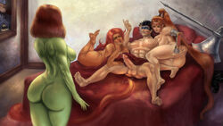 1boy 3girls alien alien_girl artemis_of_bana-mighdall ass batman_(series) big_ass breasts cum cum_in_pussy cum_on_ass cum_on_lips dat_ass dc dc_comics dick_grayson green_skin harem imminent_foursome kiss_mark kiss_mark_on_balls koriand'r male megan_morse miss_martian nightwing nude nude_female on_bed orange_skin pussy starfire teen_titans tuomashart