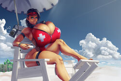 atya beach blue_eyes bursting_breasts gigantic_breasts huge_breasts lifeguard long_hair summer thick_thighs tight_clothing