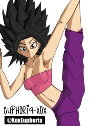 black_eyebrows black_eyes black_hair caulifla dragon_ball dragon_ball_super euphoria-xox female_saiyan long_legs pink_bra purple_legwear short_hair spiky_hair sports_bra universe_6 universe_6/universe_7 universe_6_girls