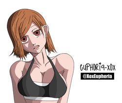 1girls black_bra curvy euphoria-xox female female_only ginger_hair jujutsu_kaisen kugisaki_nobara lipstick looking_at_viewer open_mouth solo solo_female sports_bikini sports_bra sportswear