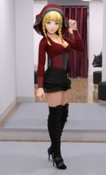 3d 3d_(artwork) blonde_hair boots braid changing_room corset cosplay crossover curtains daz3d daz_studio female footwear front_view full_body fur happy heels high_heel_boots high_heels hood hyrule_warriors light-skinned_female light_skin linkle little_red_riding_hood long_ears mirror nintendo pin3d red_clothing reflection shoes skirt smile the_legend_of_zelda twintails wolf