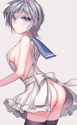 anastasia_(idolmaster) apron aqua_eyes bare_shoulders black_legwear blush breasts butt eyebrows eyebrows_visible_through_hair eyelashes eyelashes_visible_through_hair female female_only hair_between_eyes idolmaster idolmaster_cinderella_girls looking_at_viewer looking_back mostly_nude nipples_visible_through_clothing rum_raisin_(chihiromakita19) sailor_collar short_hair sideboob silver_hair simple_background sweat white_apron white_background