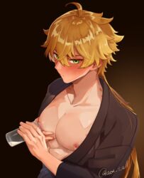 blush bottle genshin_impact green_eyes lactation male male_lactation male_milking male_only milk solo thoma_(genshin_impact)