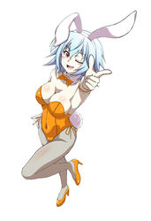 artist_request bunny_ears bunnysuit fishnets heels infinite_stratos large_breasts open_mouth sarashiki_tatenashi smile tagme white_background wink