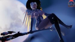 1girls 3d body_harness broom broom_riding cablensfw corset crossed_legs dutch_angle female flying full_moon gloves glowing_eyes hair_covering_eye hand_on_knee harness large_breasts looking_at_viewer looking_down mercy night opera_gloves overwatch pale-skinned_female pale_skin solo spiked_collar stockings white_hair wings witch_hat witch_mercy