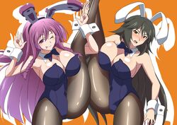 artist_request big_breasts breasts bunny_ears bunnysuit fully_clothed infinite_stratos orimura_chifuyu shinonono_tabane tagme thick_thighs vertical_splits