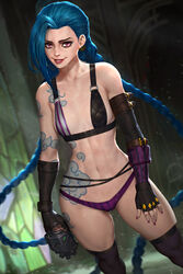 1girls adapted_costume arcane arcane_jinx arm_tattoo artist_name asymmetrical_bangs bangs blue_hair braid breasts cleavage cloud_tattoo cum_drip explosive female female_only fingerless_gloves freckles gloves grenade jinx_(league_of_legends) league_of_legends light-skinned_female light_skin looking_at_viewer neoartcore pale-skinned_female pale_skin panties pink_eyes purple_panties riot_games small_breasts solo standing stomach_tattoo striped striped_panties tattoo tears thigh_gap thighhighs twin_braids underwear watermark